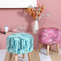 Shadowkart 2 Pcs Pink & Turquoise Blue Wooden Pouffe Ottoman-14
