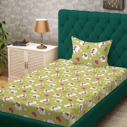 KLOTTHE Green & White Printed Cotton 400TC Single Bedsheet With Pillow Cover 2.25m x 1.5m-image-86