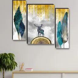 Myntra Elegant Homes Grey & Gold-Toned 3 Piece Deer & Leaf Wall Art-14