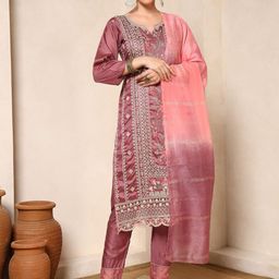 Spera Women Ethnic Motifs Embroidered Regular Thread Work Kurta with Trousers & With Dupatta-image-93