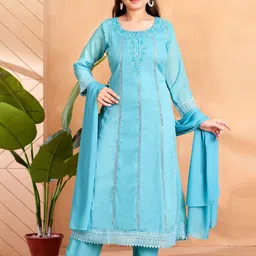 Aarika Girls Floral Embroidered Round Neck Georgette Kurta With Trousers & Dupatta-image-71