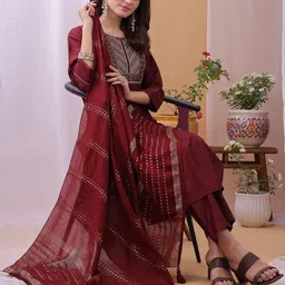 HRITIKA Floral Yoke Design Sequinned Straight Kurta With Trousers & Dupatta-image-42