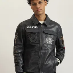 True Religion Men Leather Biker Jacket with Patchwork-picture-13
