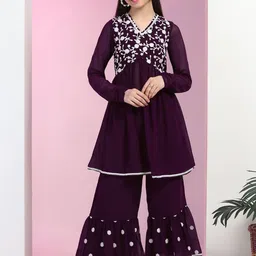 Sangria Girls Purple Floral Embroidered Georgette V-Neck Empire Kurta With Sharara-picture-42