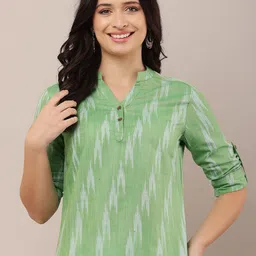 HELLO DESIGN Print Mandarin Collar Roll-Up Sleeves Cotton Top-image-7