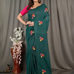 DipDiya Floral Embroidered Pure Cotton Handloom Taant Saree-image-97
