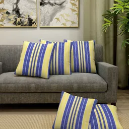 Aura Blue & Yellow 5 Pieces Striped Square Cotton Cushion Covers-image-35