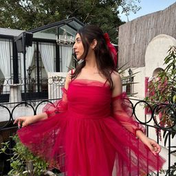 To Queens Solid Net Off-Shoulder Fit & Flare Dress-image-60