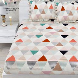 DREAM WEAVERZ White Geometric Printed Fitted 260 TC Double King Bedsheet & 2 Pillow Covers-image-25