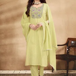 Anouk Lime Green Embroidered Thread Work Pure Cotton Kurta with Trouser & Dupatta image 3