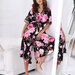 StyleCast Black & Pink Floral Printed Culotte Jumpsuit-image-69