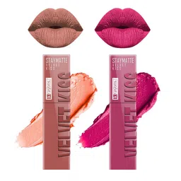 krayons Set Of 2 Velvet Kiss Liquid Lipstick - 3.5 ml Each -Sheer Nude 05-Pink Punch 10-21