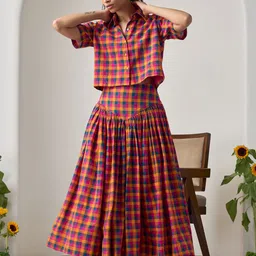 Maisolos Checked Cotton Flared Midi Skirt-picture-5