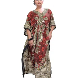 Exotic India Ethnic Motifs Printed Kaftan Cotton Maxi Dress-image-65