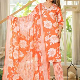 RI AND SU Women Floral Embroidered Regular Pure Cotton Kurta with Trousers & With Dupatta-image-60