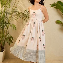 OCTICS Women Floral Printed Shoulder Straps Pleated Fit and Flare Maxi Dress-image-51