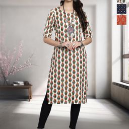 HERE&NOW Selection Of 3 Floral Printed Round Neck Straight Kurta-image-48