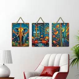 ArtVibes 3-Pcs Blue & Orange-Coloured Printed Wooden Wall Hanging Decor-picture-15