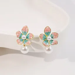 DIVASTRI Gold-Plated Pearls Studded Korean Floral Drop Earrings-27