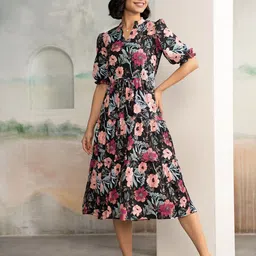 AASK Floral Print Crepe Fit & Flare Midi Dress-image-57