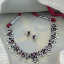 NAMAN ARTS Silver-Plated Stone Studded & Beaded Oxidised Jewellery Set-image-88