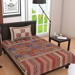 POORAK Red & Blue Jaipuri Print Pure Cotton 104 TC Single Bedsheet with 1 Pillow Cover-image-48
