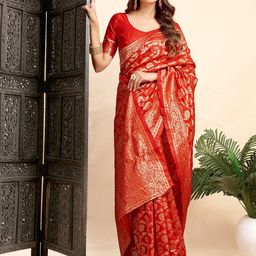 HERE&NOW Floral Zari Silk Blend Kanjeevaram Saree-image-79