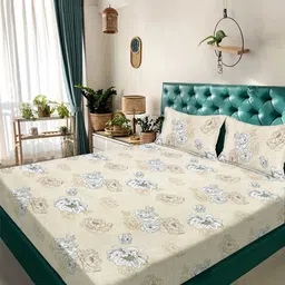 KLOTTHE Cream-Coloured & White Floral 300 TC Double Bedsheet & 2 Pillow Cover-2.5mx2.25m-8