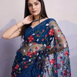 VAIRAGEE Floral Embroidered Net Saree-4