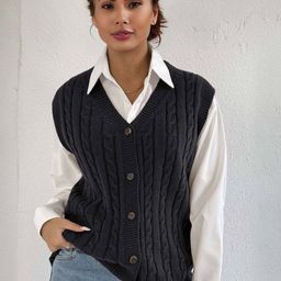 Blooming Tales Women Cable Knit Button Closer Sleevless Cardigan-picture-36