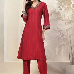 Nayam By Lakshita Striped Mirror Work Straight Kurta with Trousers & Dupatta-picture-37