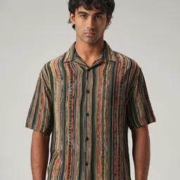Banana Club Men Classic Multi Stripes Cuban Collar Feather Shirt-image-17
