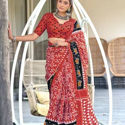 PEENGAX Ethnic Motifs Pure Cotton Hand Block Print Ikat Saree-11