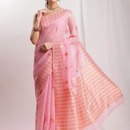 Janasya Pink Geometric Woven Design Jacquard Saree with Blouse Piece-image-53