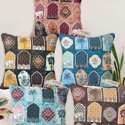 Blue Grass Blue & Maroon 5 Pieces Floral Velvet Square Cushion Covers-image-38