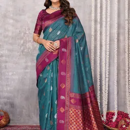Janasya Teal Blue Linen Blend Paisley Woven Design Woven Saree with Blouse Piece-image-16