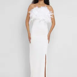 Porsorte Women Bandeau Maxi Party Gown Dress with Feather Details & Thigh-High Slit-42