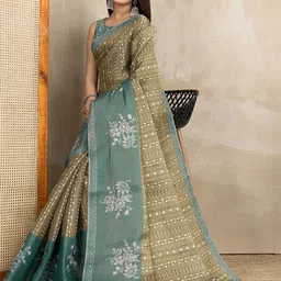 KALINI Green Printed Art Silk Block Print Sarees-picture-20