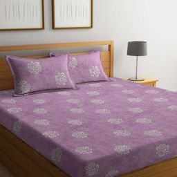 Myntra Elegant Homes Purple & White Floral 400 TC King Bedsheet with 2 Pillow Covers-image-58