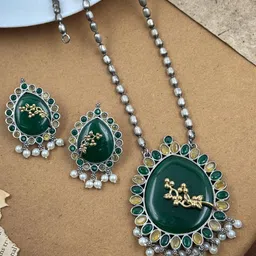 NAMAN ARTS Silver-Plated Oxidised Stone-Studded & Beaded Jewellery Set-image-90