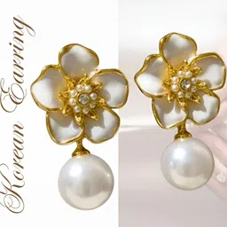 AKISON JEWELS Women Gold And White Floral Artificial Beads Gold-Plated Studs Earrings-image-92