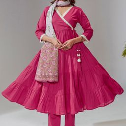 KASYA Women Solid Cotton Kurta with Trousers & Dupatta-picture-32