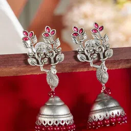 Priyaasi Silver-Plated Stone Studded & Beaded Dome Shaped Oxidized Jhumkas-46