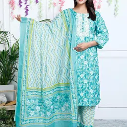 ASANSHI Women Floral Printed Regular Thread Work Pure Cotton Kurta with Trousers & With Dupatta-image-102