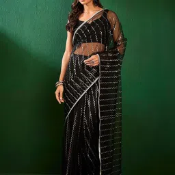 Inddus Embellished Mirror Work Net Saree-2