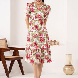 DressBerry Women Floral Print Puff Sleeve Fit & Flare Dress-image-81