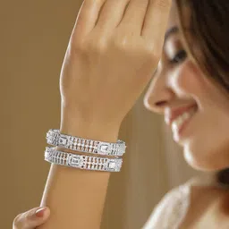 Rubans Set Of 2 Rhodium-Plated Cubic Zirconia Stones-Studded Bangles image 1