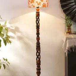 Devansh Brown & Orange Printed Wooden Floor Lamp With Shade-19