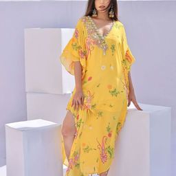 Foram patelYellow Paisley Print Embroidered Kaftan-image-26