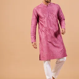 HILO DESIGN Geometric Woven Design Thread Work Mandarin Collar Pure Silk Straight Kurta-image-34